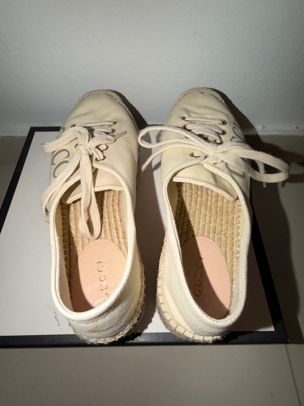 Gucci Cream Canvas Platform Espadrille Sneakers with Red & Navy Accents - Picture 3 of 5